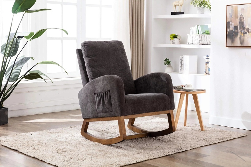 Modern Upholstered Rocking Chair, Indoor Nursery Rocker Chair, Comfortable Thick Padded Armchair with High Backrest, Retro Mid-Century Nursery Glider Chair with Armrests for Living Room, Dark Gray