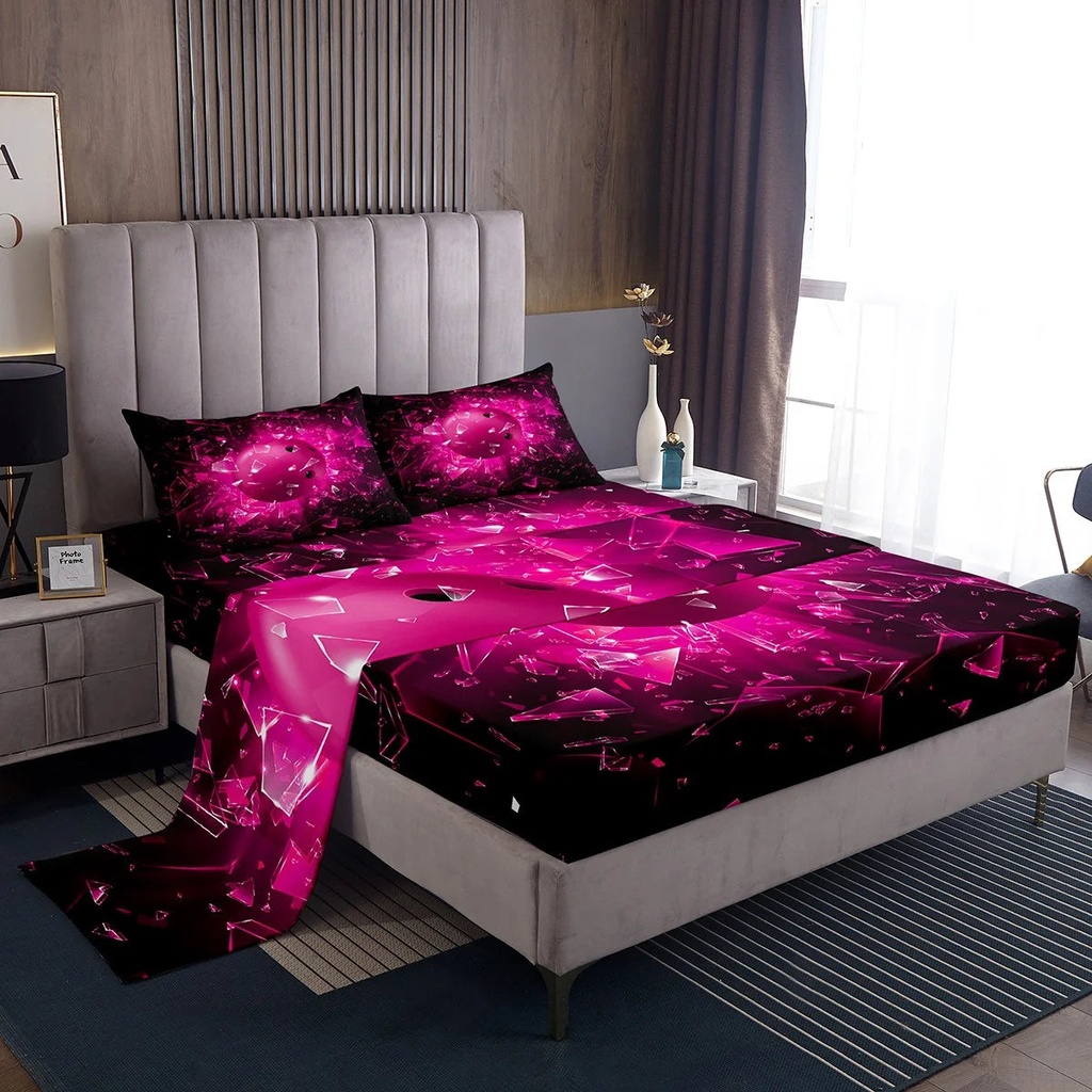 Bowling Party Bed Sheets Set Twin Size for Teens Boys Bedroom Decor,Kids Sports Sheet Set Rose Pink Ball Sheets for Girls Women,Bowling Ball Print Bedding Set Black Room Decor 3Pcs