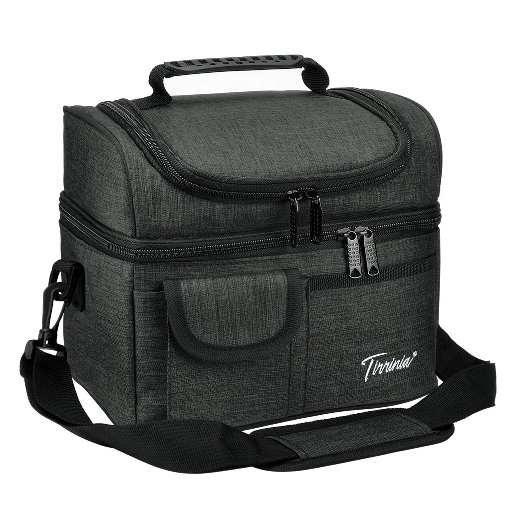 Tirrinia Insulated Lunch Bag, Leakproof Thermal Bento Cooler Tote for Women and Men, Dual Compartment with Shoulder Strap, 10.2" X 7.5" X 9", Charcoal