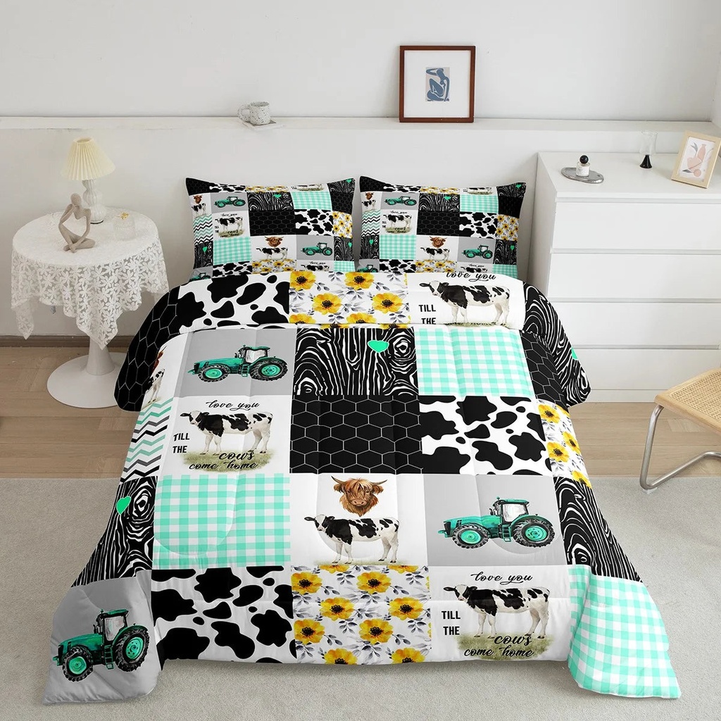Milk Cow Print Bedding,Boys Trucks Tractor Construction down Comforter,Farm Animal Bull Highland Cow Comforter Set,Teal Buffalo Plaid Grid Patchwork Quilt Twin Beehive Yellow Flower Rustic Decor