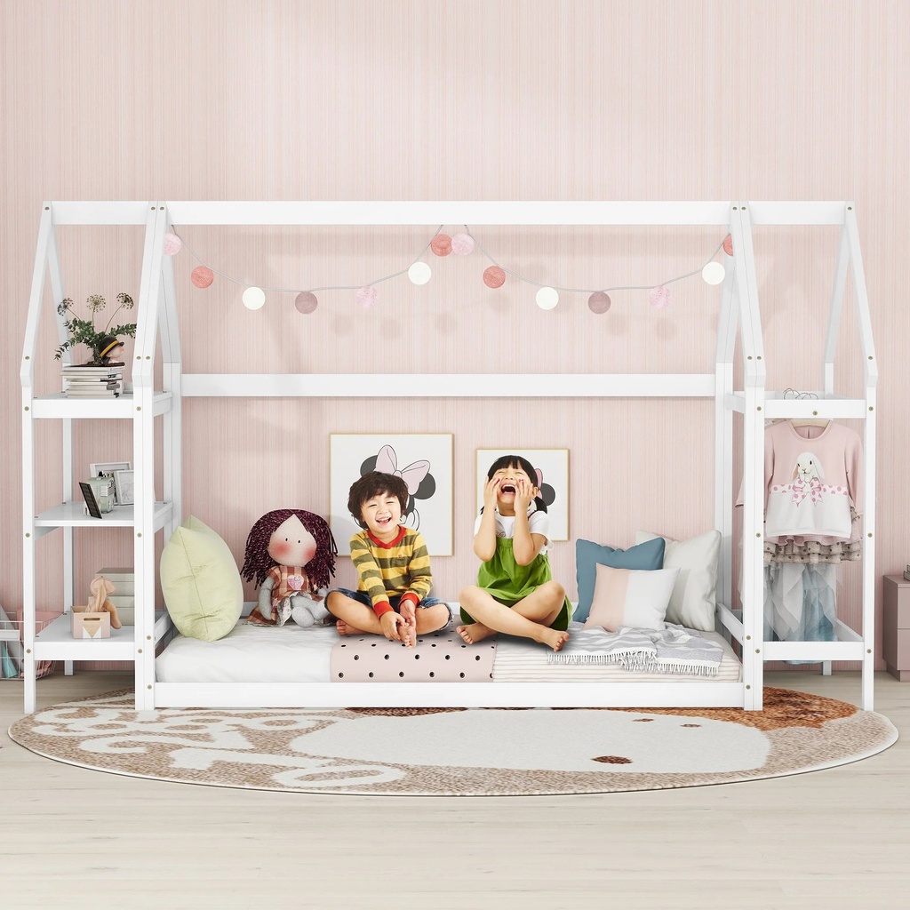 Bellemave Kids Twin House Floor Bed Frame with 2 Detachable Stands, Solid Wood Montessori Toddler Floor Bed with Roof and Window for Boys and Girls, No Box Spring Needed (White)