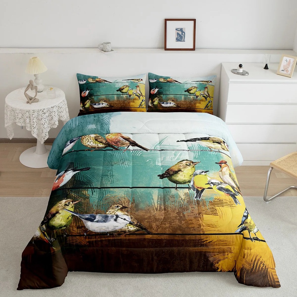 Kids Hummingbird Bedding Cute Bird Comforter Set Twin for Adult Women Girls Boys Cardinal Bird Bedding Comforter Sets, Rustic Wooden Planks Decorative Duvet Insert 2Pcs