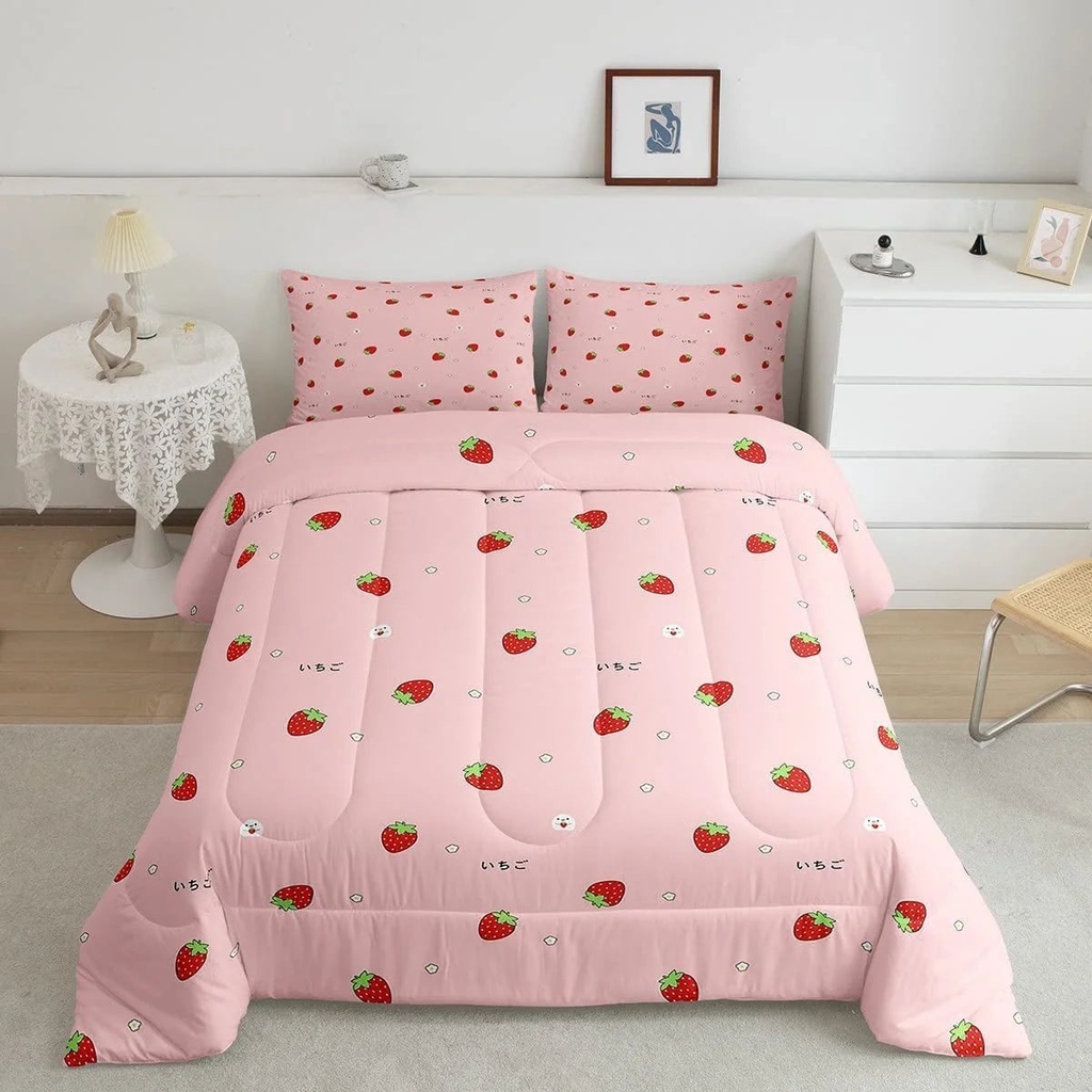 Girls Strawberry Comforter Set Twin Kawaii Strawberry Comforter for Kids Japanese Style Pink Cute Cartoon Fruit Food Theme Bedding Set Girly White Floral down Comforter Reversible Soft Lightweight