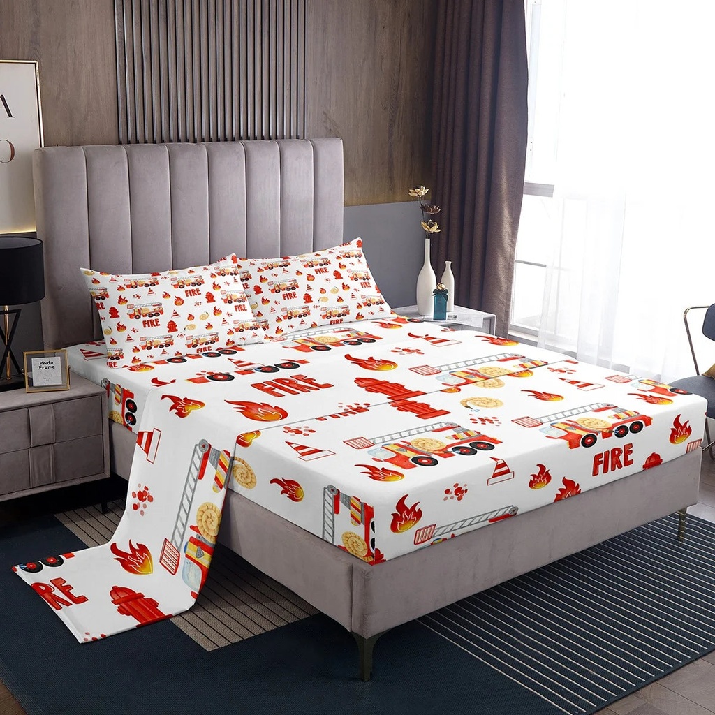 YST Fire Truck Bed Sheets Set Bedroom Decor, Toddler Kids Fire Engine Print Sheets Firemen Car Vehicle Sheet Set Red Fire Hydrant Bed Set 3Pcs for Boys Girls, Twin