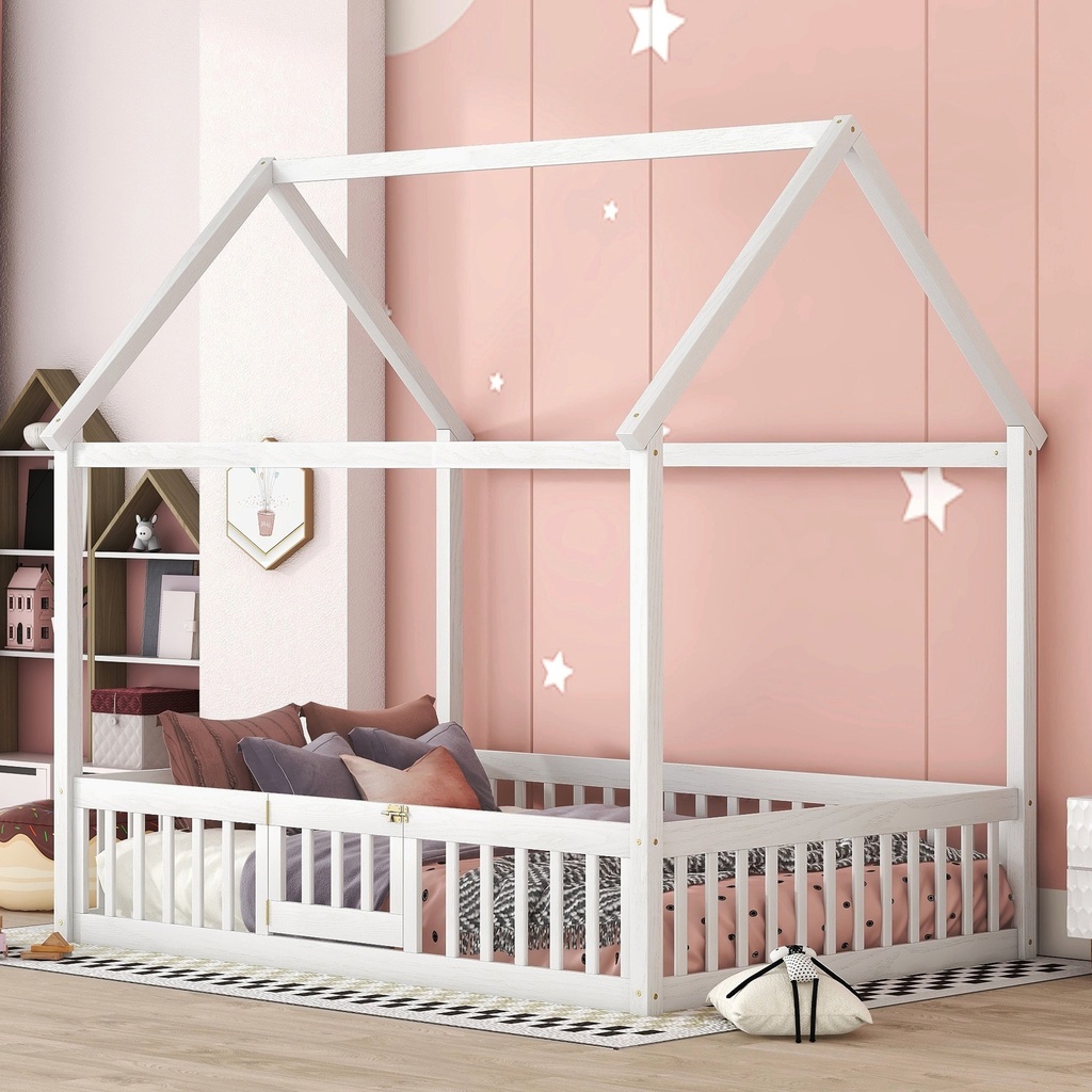Montessori Bed/Full Size House Floor Bed for Toddlers, Kids Girls, Boys, Montessori Floor Bed with Rails and Door,Toddler House Bed(White)