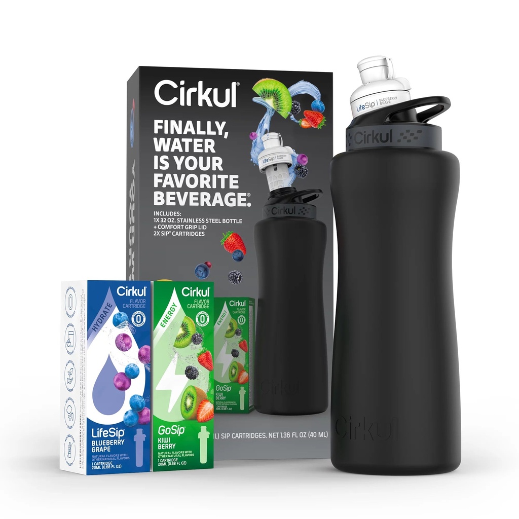 Cirkul 32Oz Matte Black Stainless Steel Starter Kit with Matte Black Cirkul Lid 2.0 and 2 Flavor Cartridges (Blueberry Grape & Kiwi Berry)