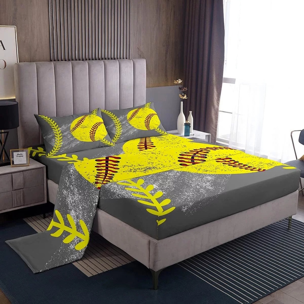 YST Softball Sheet Set Twin,Softball Bed Sheets for Kids Teens Girls,Grunge Yellow Grey Sports Bedding Set for Boys,Softball Gift,Ball Game Fitted Sheet + Top Sheet + 1 Pillowcase