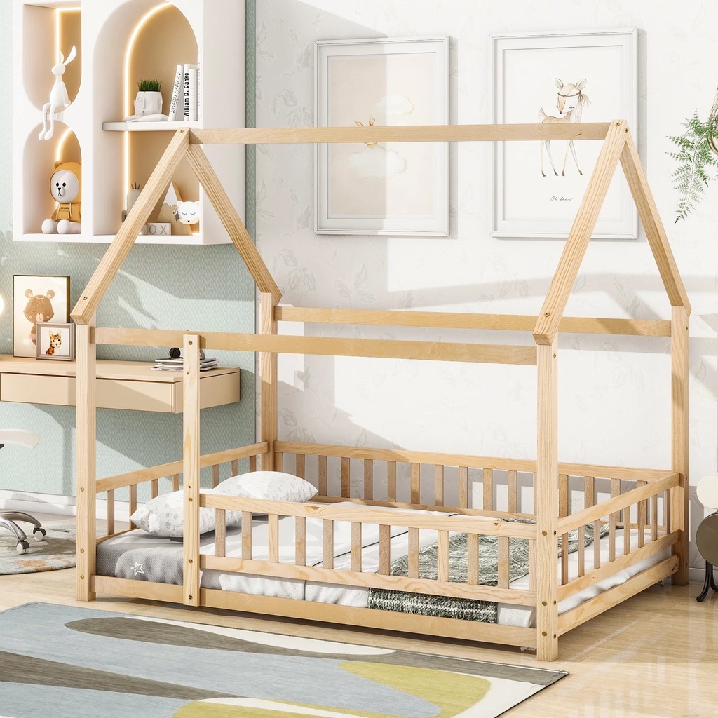 SESSLIFE House Bed Full, Solid Wood House Bed for Kids, Toddler House Bed Frame, Children'S Bed, Box Spring Needed (Natural)