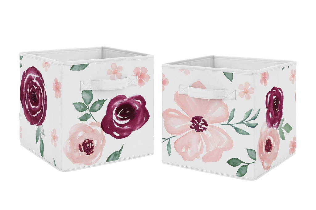Watercolor Floral Burgundy Wine and Pink Fabric Storage Bin (Set of 2) by Sweet Jojo Designs