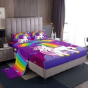 Girls Unicorn Bed Sheets Twin Size Girls Bedding Set Cute Rainbow Unicorn Print Sheet Set Kids Cartoon Kawaii Fitted Sheet Galaxy Stars Fantasy Girls Room Decor Children Unicorn Flat Sheet Purple
