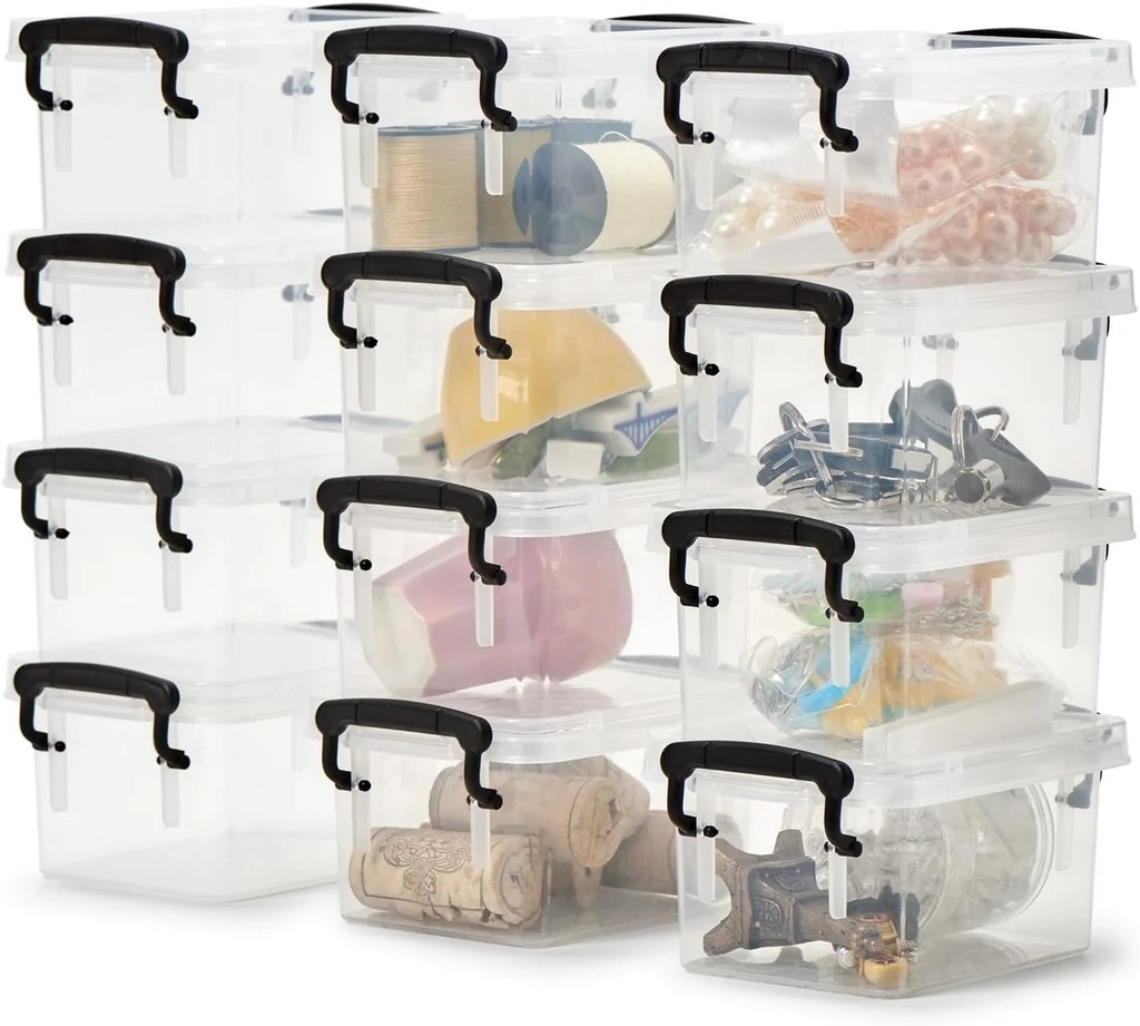 Ezoware Small Clear Plastic Lidded Storage Latch Box, 30Ml Small Baskets Organizer Bins Boxes with Snap Tight Lids - 12 Pack