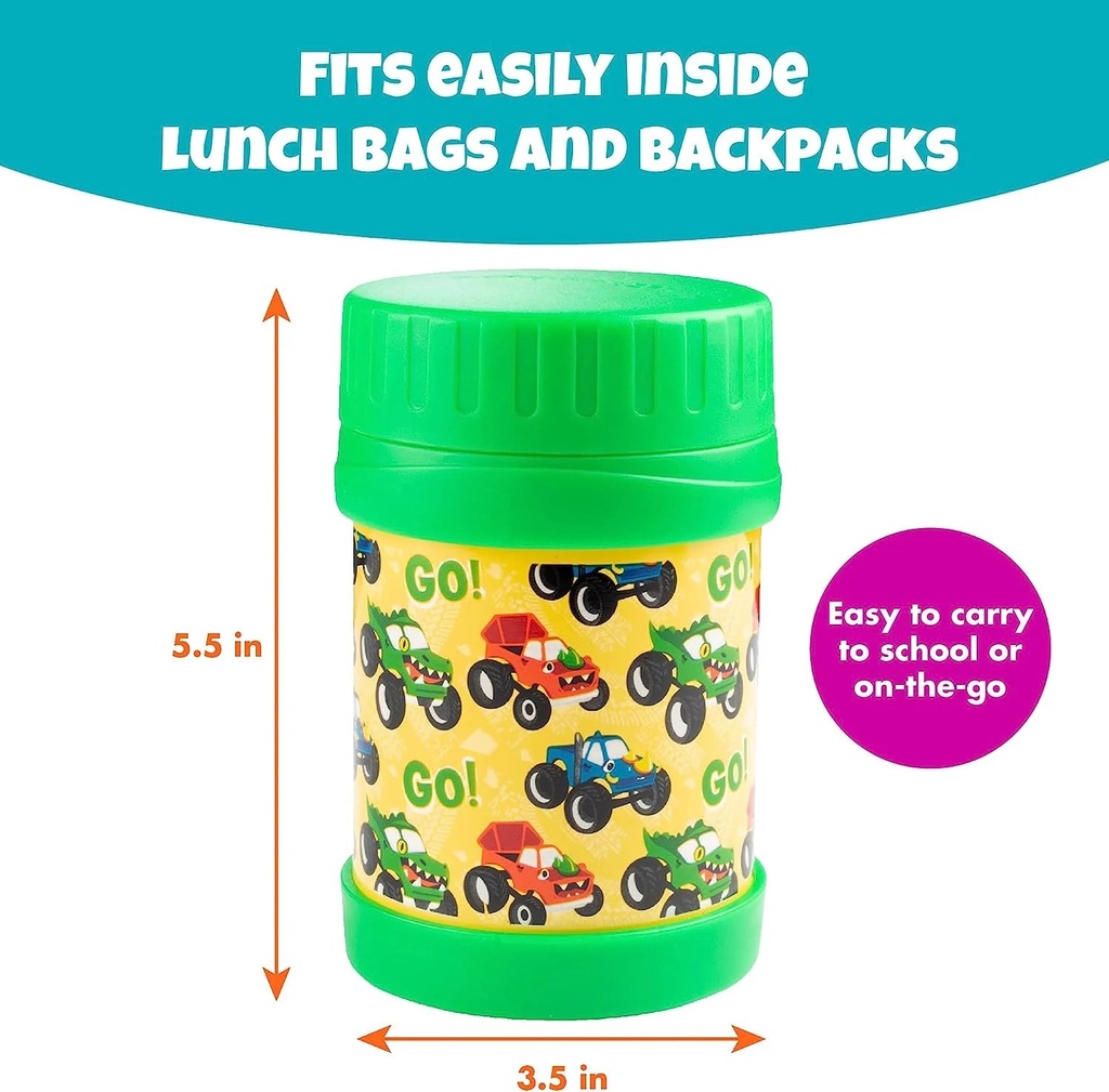 Bentology Stainless Steel Insulated Lunch 13 Oz Thermos for Kids, Large Leak-Proof Storage Jar Container for Hot & Cold Food, Soups, Liquids - BPA Free - Fits Most Lunch Boxes and Bags - Monster Truck