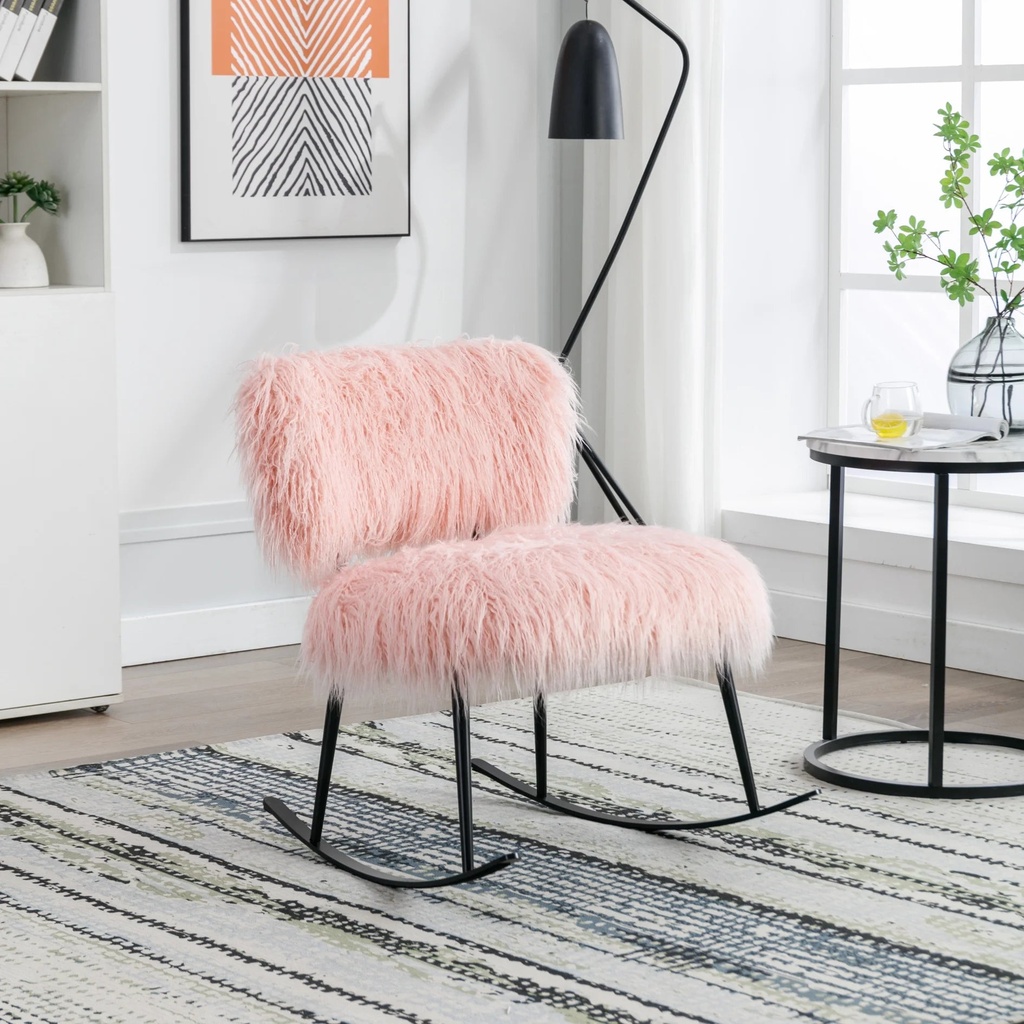 Faux Fur Rocking Chair, Glider Chair with Metal Legs and Upholstered Cushion, Rocking Accent Chair for Living Room, Bedroom, Lounge, Balcony, Pink