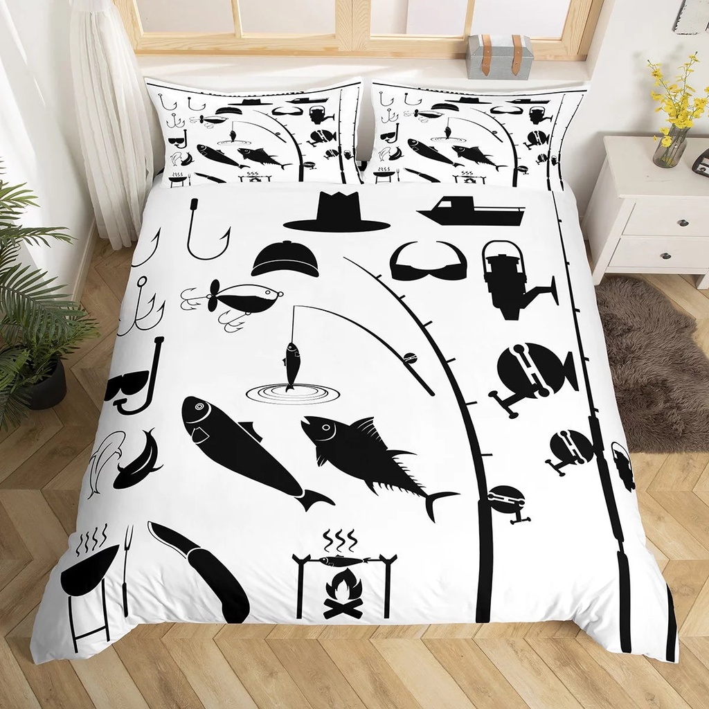 Fish Duvet Cover Picnic Camping Bedding Set for Man Teens Boys Adult,Fishing Gear Comforter Cover Fishhooks Twin Bed Set,Black and White Fishing Pole Fish Hook and Line Angling Room Decor