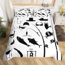 Fish Duvet Cover Picnic Camping Bedding Set for Man Teens Boys Adult,Fishing Gear Comforter Cover Fishhooks Twin Bed Set,Black and White Fishing Pole Fish Hook and Line Angling Room Decor