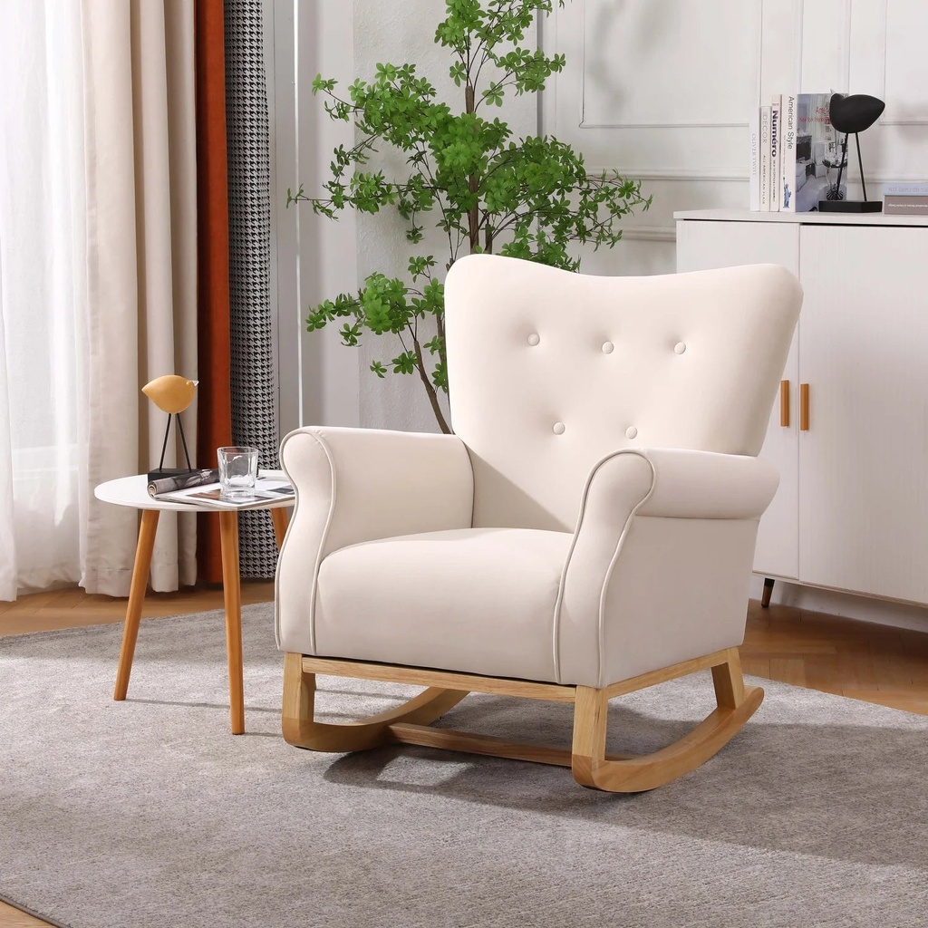 Rocking Chair, Modern Velvet Upholstered Accent Rocker Chair with Padded Seat and Wood Legs, High Back Glider Rocking Arm Chair for Nursery Baby Room Bedroom Playroom, Beige