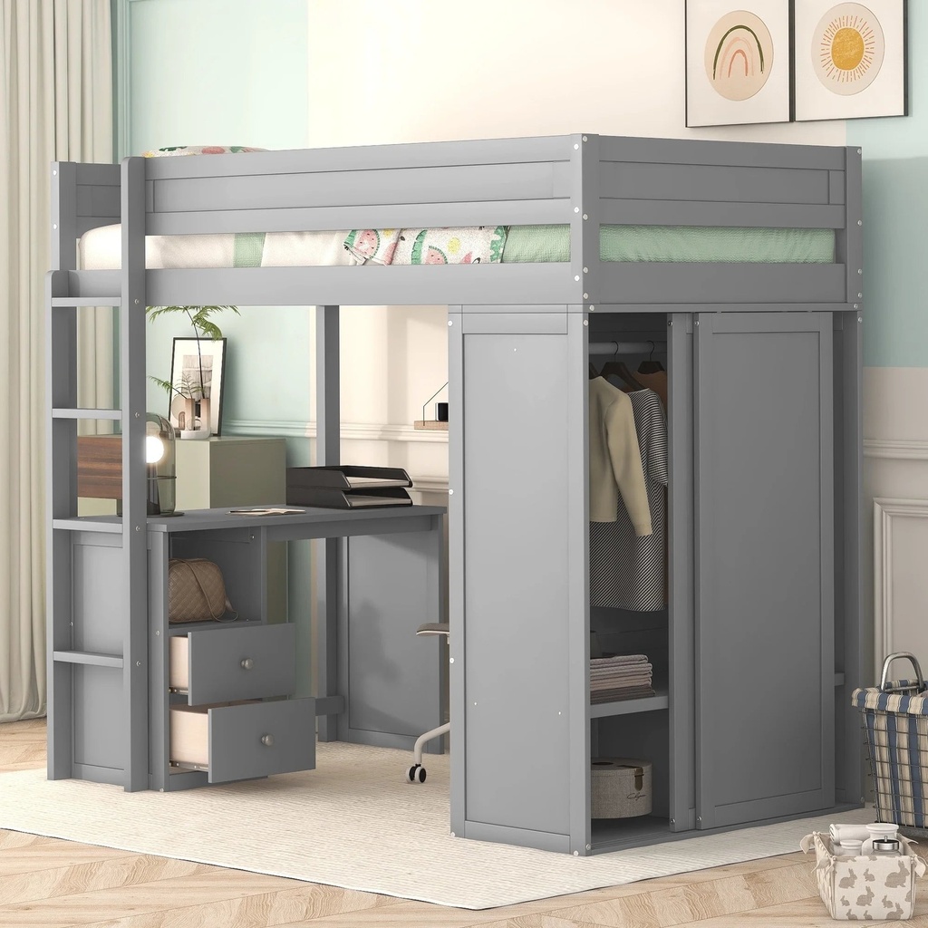 Euroco Wood Twin Size Loft Bed with Desk and Wardrobe, Built-In Desk with 2 Drawers, Big Wardrobe with Sliding Door and Clothes Hanger for Kids Teens Adults, Gray