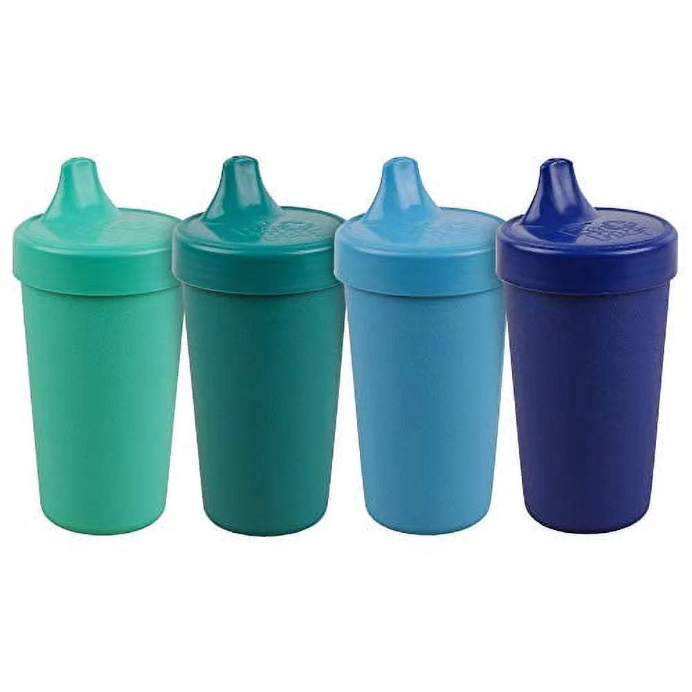 RE-PLAY 4Pk - 10 Oz. No Spill Sippy Cups for Baby, Toddler, and Child Feeding in Sky Blue, Aqua, Navy Blue and Teal | BPA Free | Made in USA from Eco Friendly Recycled Milk Jugs | True Blue+