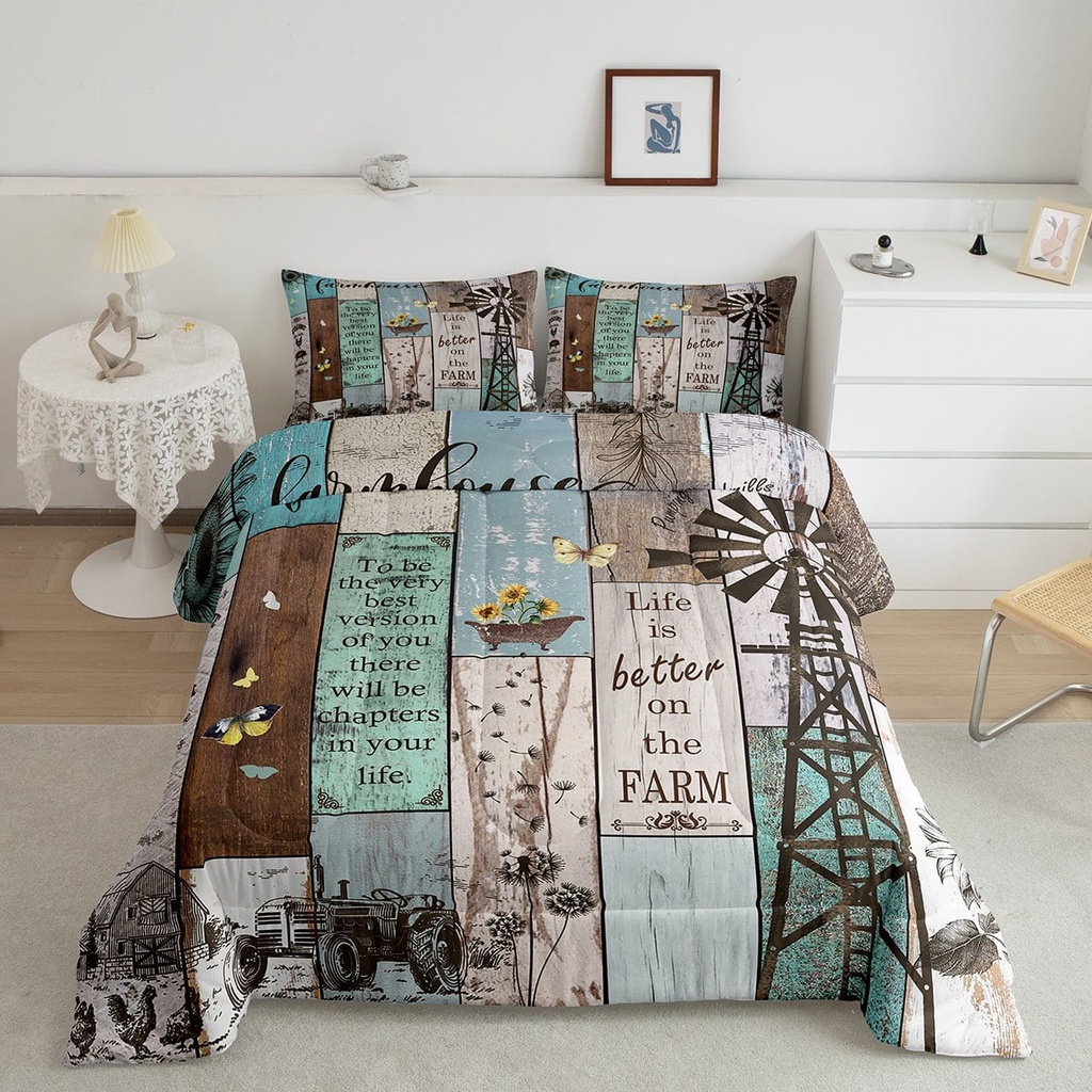 Farmhouse Windmill Bedding Comforter Sets, Rustic Cabin Lodge Comforter Set Barn Door Wooden Vintage Bedding Set Farmhouse Gifts for Women, Sunflower Dandelion Farm Animal Duvet Sets, Twin Size