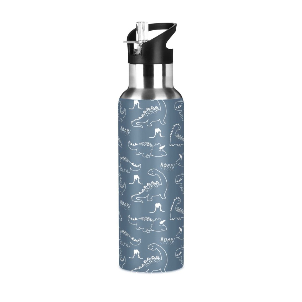 Water Bottle with Straw Lid Leak Dinosaur Blue Stainless Steel Insulated Thermos Vacuum Flask for Cold Hot Drinking for Sports Camping Gym Yoga
