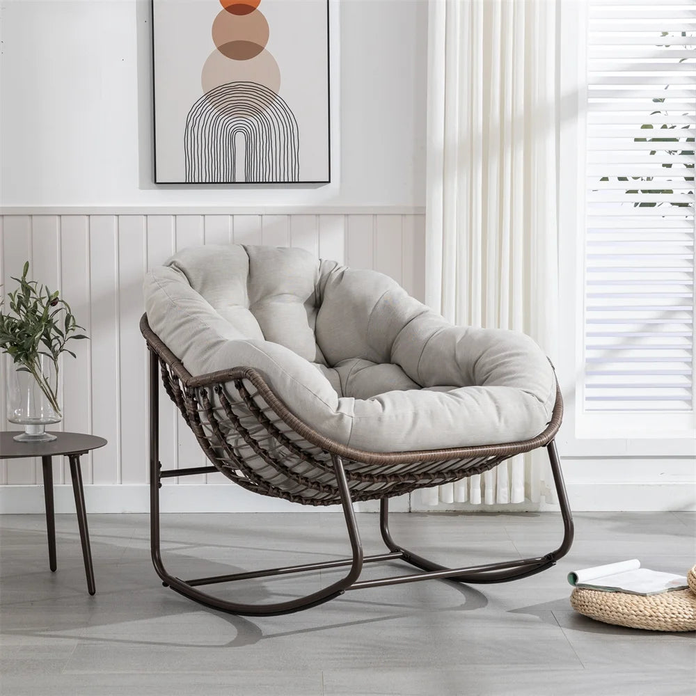 Accent Glider Rocking Chair, Modern Upholstered Living Room Chairs with Padded Cushion and Rattan Decor, Comfy Sleeper Recliner Chair with Metal Frame for Patio, Garden, Bedroom, Beige