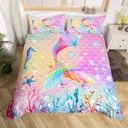 YST Mermaid Bedding Set for Girls,Watercolor Fish Scale Duvet Cover Twin,Nautical Coastal Animal Comforter Cover,Ocean Coral Starfish Shell Bed Cover with 1 Pillowcase Zipper&Ties