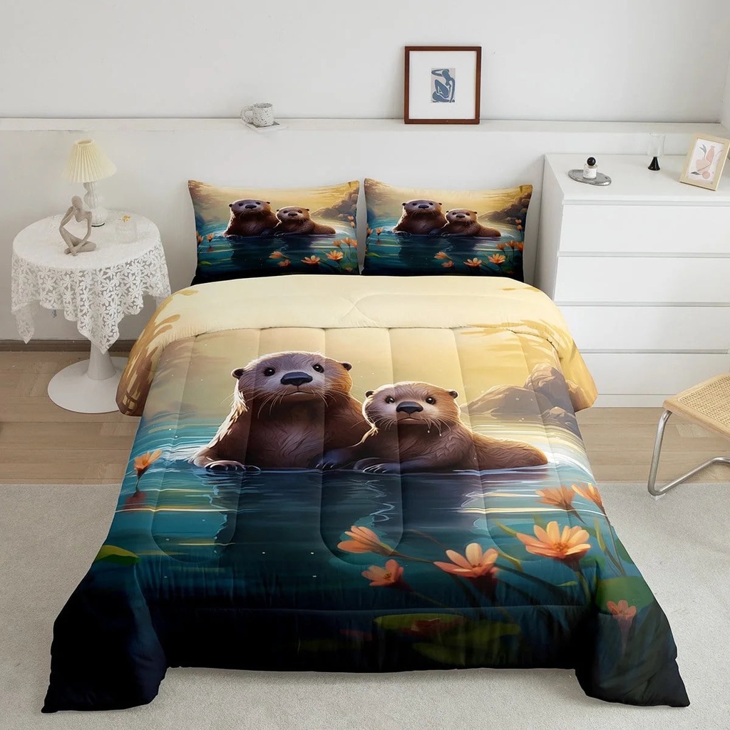 YST Cute Otter Twin Size Comforter Set for All Seasons,Cute Lake Animal Bedding Set Baby Boy Gifts Bedroom Decor,Watercolor Flowers Natural Comforter Inner Fill with 1 Pillowcase