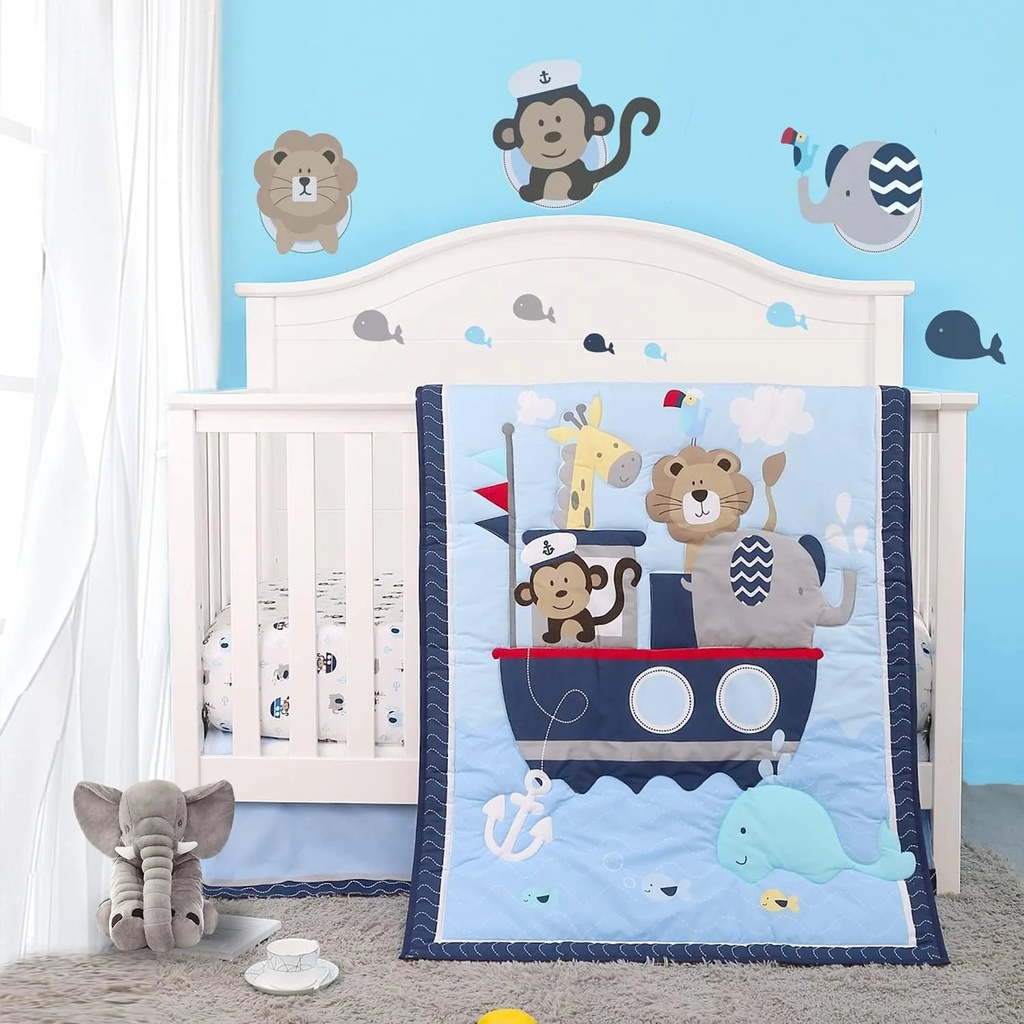 Elephant Lion Crib Bedding Set for Boys, 3 Piece Includes Quilt,Fitted Sheet,Crib Skirt, Blue Baby Nursery Set, Portable Standard Set(Nautical Theme)