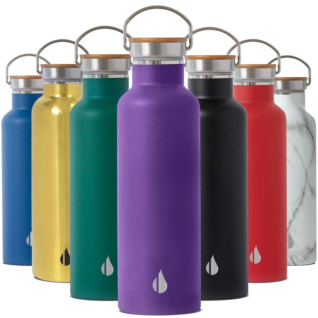 Elemental Classic Insulated Water Bottle, Leak Proof Thermos Water Bottle with Bamboo Lid and Metal Ring, Reusable Insulated Stainless Steel Water Bottle, 25Oz - Purple