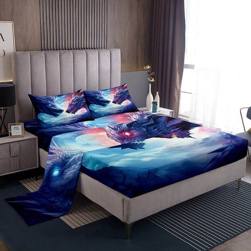 YST Dragon Sheets Ice Fire Dragon Sheet Set for Kids Boys Teens Adult Bedroom Decor, Flying Pattern Bedding Set Blue and Red Animal Bed Sheets Set Twin 3 Pieces