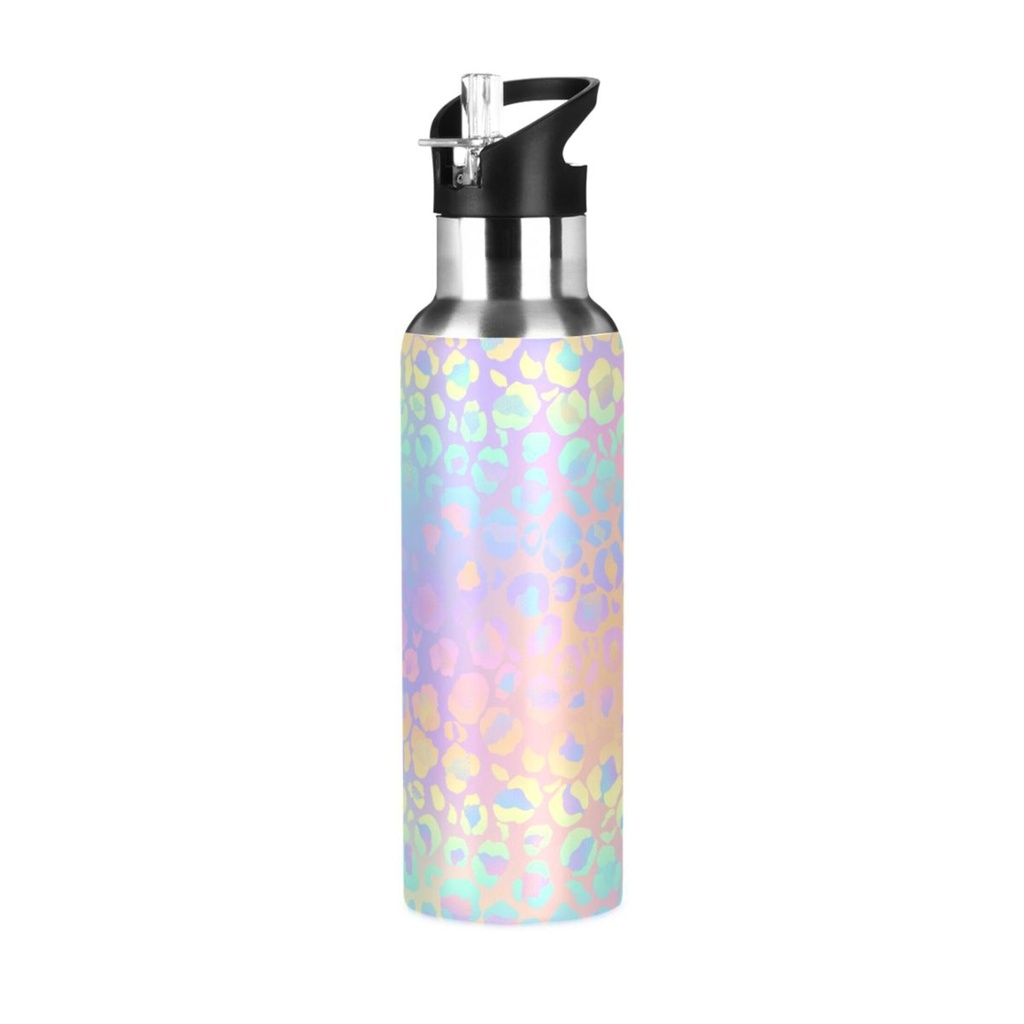 Stainless Steel Water Bottle Leopard Print Cheetah Rainbow Gradient with Straw Lid Vacuum Insulated Leak Proof Flask Jug for Gym Travel Sports Cycling Outdoor 20 OZ