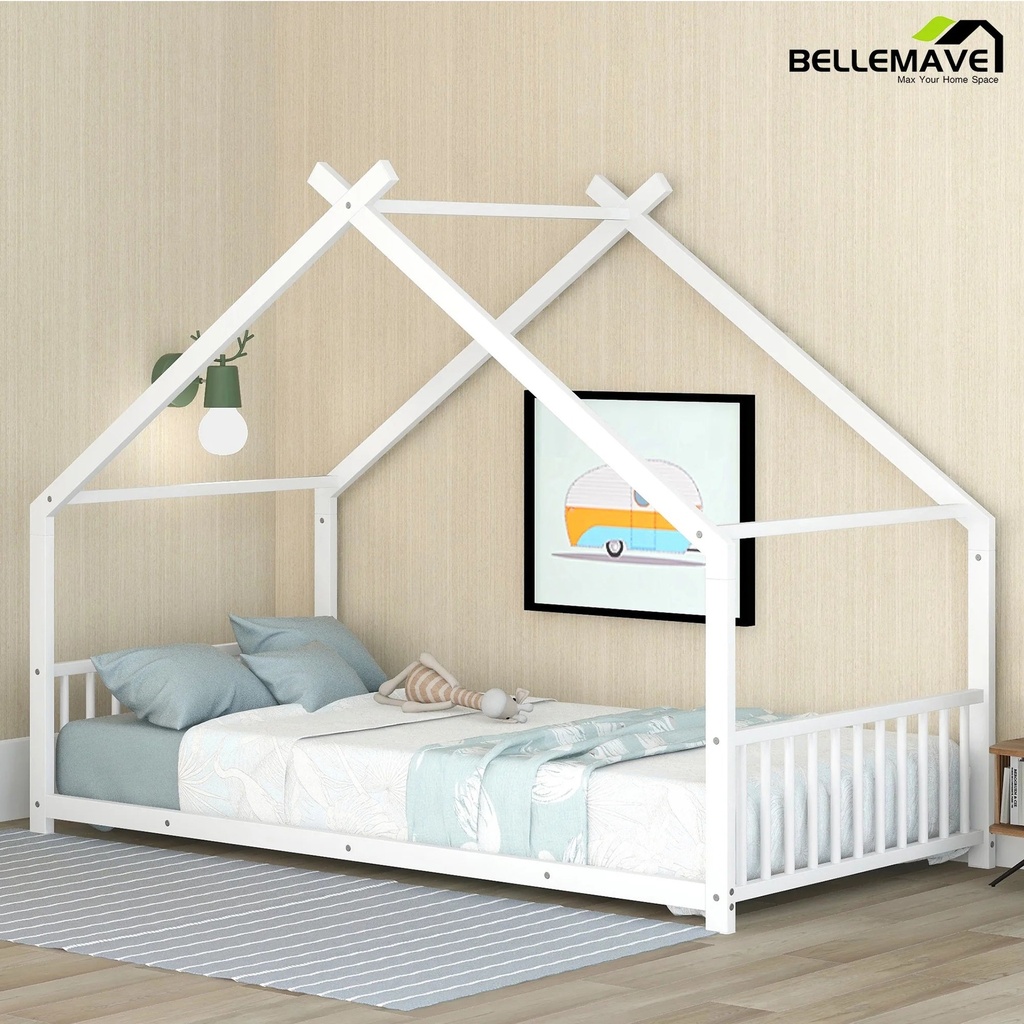 Bellemave Twin Metal House Bed with Headboard and Footboard Montessori House Bed for Toddler, Child, Boys, Girls Metal Floor Bed Frame with Roof for Kids, No Box Spring Needed, White