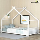 Bellemave Twin Metal House Bed with Headboard and Footboard Montessori House Bed for Toddler, Child, Boys, Girls Metal Floor Bed Frame with Roof for Kids, No Box Spring Needed, White