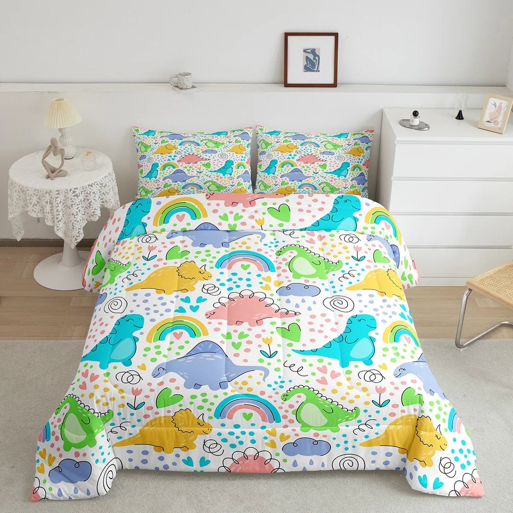 Dinosaur Comforter Set Love Heart Kawaii Decor,Cute Rainbow Bedding Set for Kids Girls Boys,Colorful Dinosaurs Yellow Green Teal Cartoon Dinos down Comforter Twin,Jungle Animals Wildlife Quilt