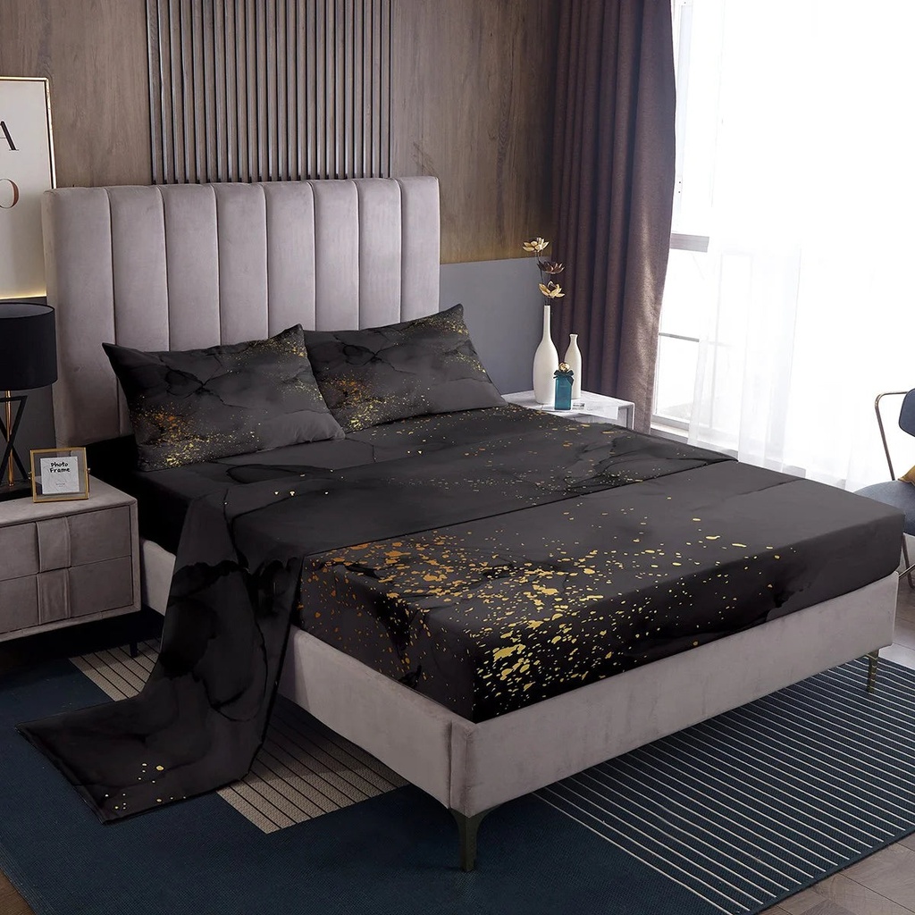 YST Black Marbling Bed Set Gold Metallic Sequin Bed Sheets Set, Dark Grey Marble Sheet Set Twin Abstract Aesthetic Artwork Sheets, Modern Fashion Top Sheet Luxurious Room Decor