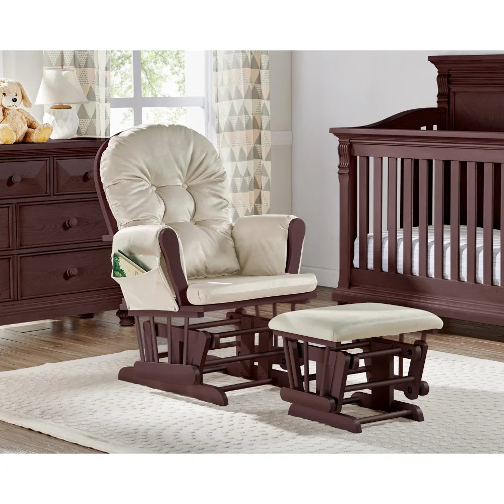 Deehome Mason Glider and Ottoman Espresso Wood and Beige Fabric
