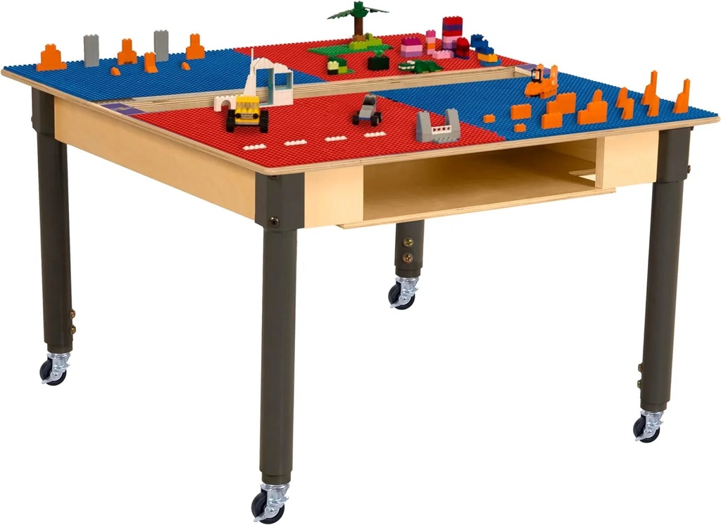 Time-2-Play Kids Solid Wood Red & Blue Lego Compatible Building Blocks Table for Playroom, 35" Square Activity Desk for Toddlers Room with Trough, Shelf and Rolling Casters [18”-29” Adjustable Legs]