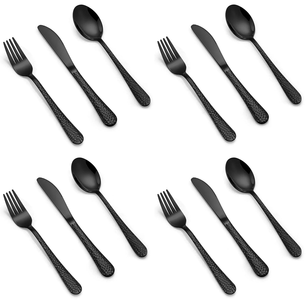 Vesteel 12-Piece Kids Black Silverware Set, Stainless Steel Preschooler Eating Flatware Utensils, Hammered Metal Cutlery Set for Children