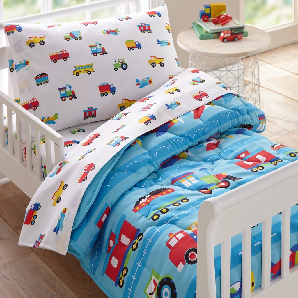 Wildkin Kids 4 Pc Toddler Microfiber Bed in a Bag for Boys & Girls (Trains, Planes & Trucks Blue)