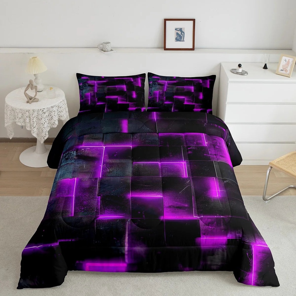 YST Neon Purple and Black Twin Comforter Set for Girls Boys,3D Checkered Geometric Bedding Set,Abstract Square Grid Comforter Set Breathable Soft,Glowing Geometry Quilt Bed Set 2Pcs