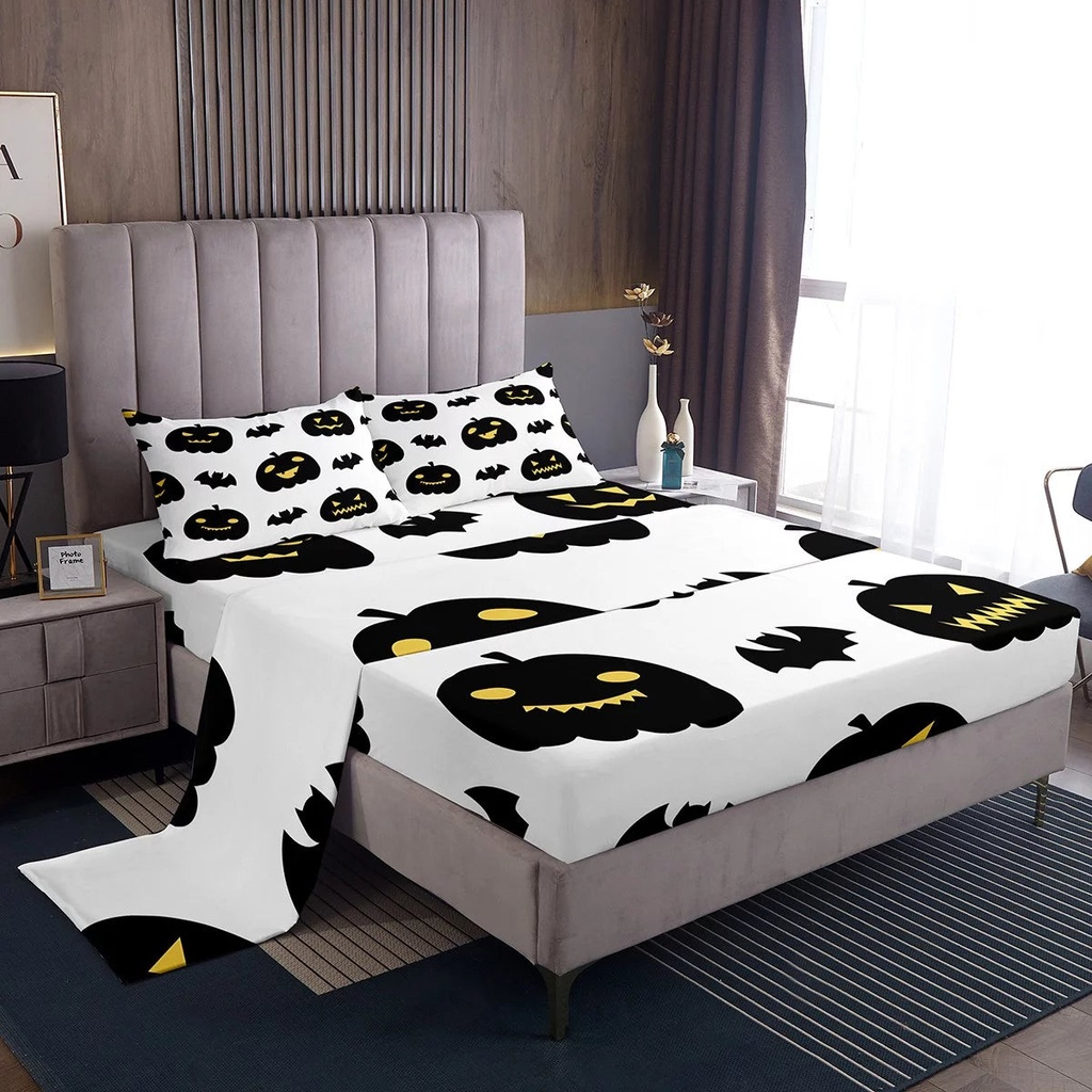 YST Pumpkin Lantern Bed Sheets Set,Cartoon Pumpkin Head Bedding Set,Black Bats Sheets,Gothic Halloween Decor Sheet Set 3Pcs with 1 Pillow Case Deep Pocket,Black White Yellow,Twin Size