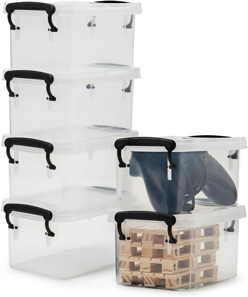 Ezoware Lidded Clear Storage Bin Boxes, 1.3 Quart Small Plastic Stackable Organizer Latching Basket Boxes with Snap Tight Lids and Handle - 7.5X5X4 Inch, 6 Pack…