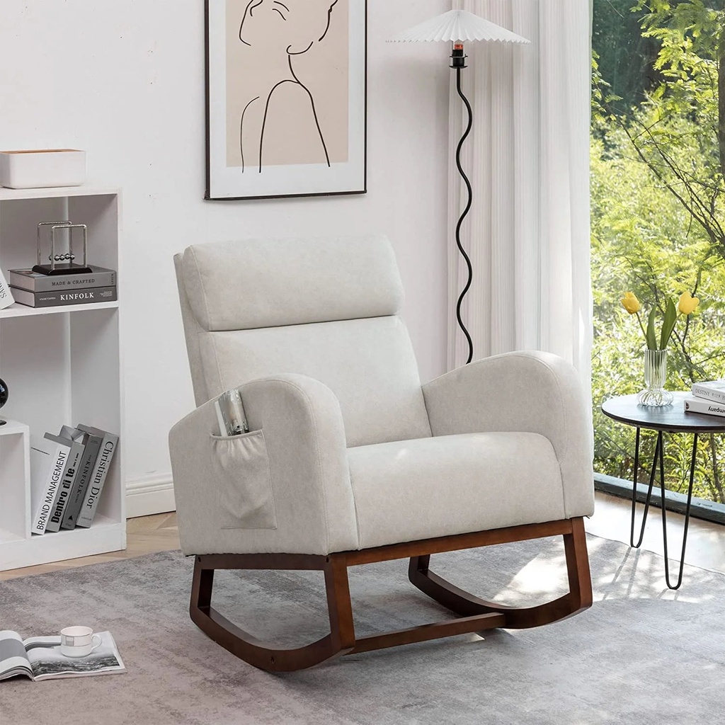 Andeworld Rocking Chair Mid-Century Modern Nursery Rocking Armchair Upholstered Tall Back Accent Glider Rocker for Living Room (Beige)