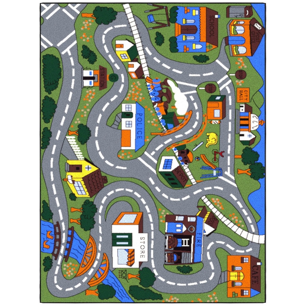 Ottomanson Children Car Road Map 3X5 Washable Non-Slip Area Rug for Kids Playroom, 3'3" X 5', Green/Multicolor