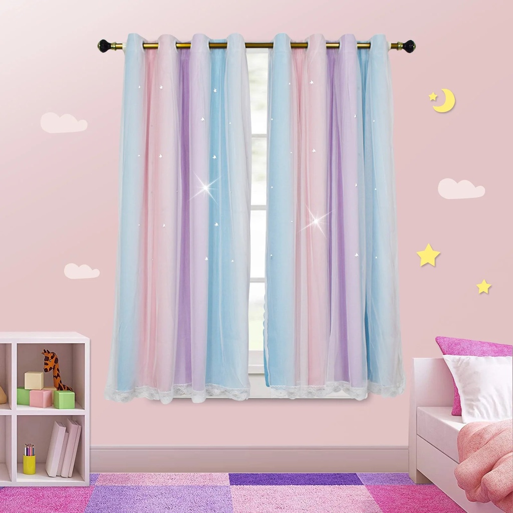 Stars Bedroom Curtains for Kids, Girls Curtains Bedroom Decor, Purple Lace Curtains for Kids Room Decor, 63'' L X 52'' W , 1 Panel