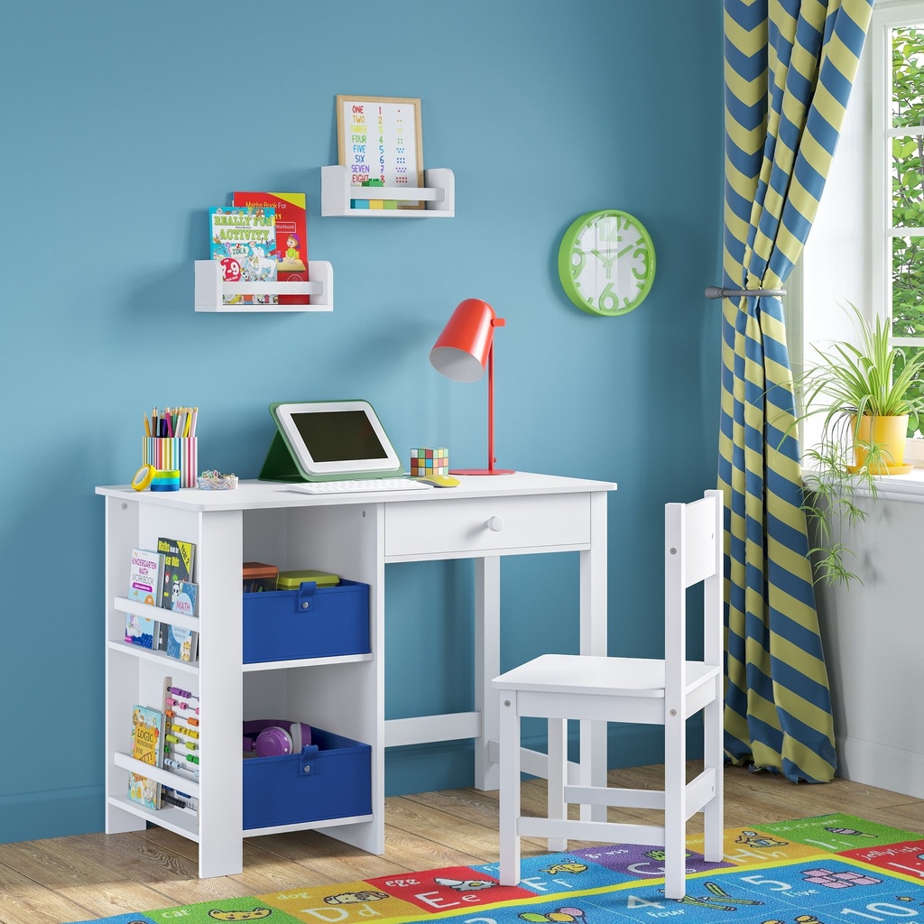 Riverridge Kids Desk and Chair Playroom Set with 2 Art Storage Cubbies, 2 Side Bookshelves, and 2 10" Floating Bookshelves- White