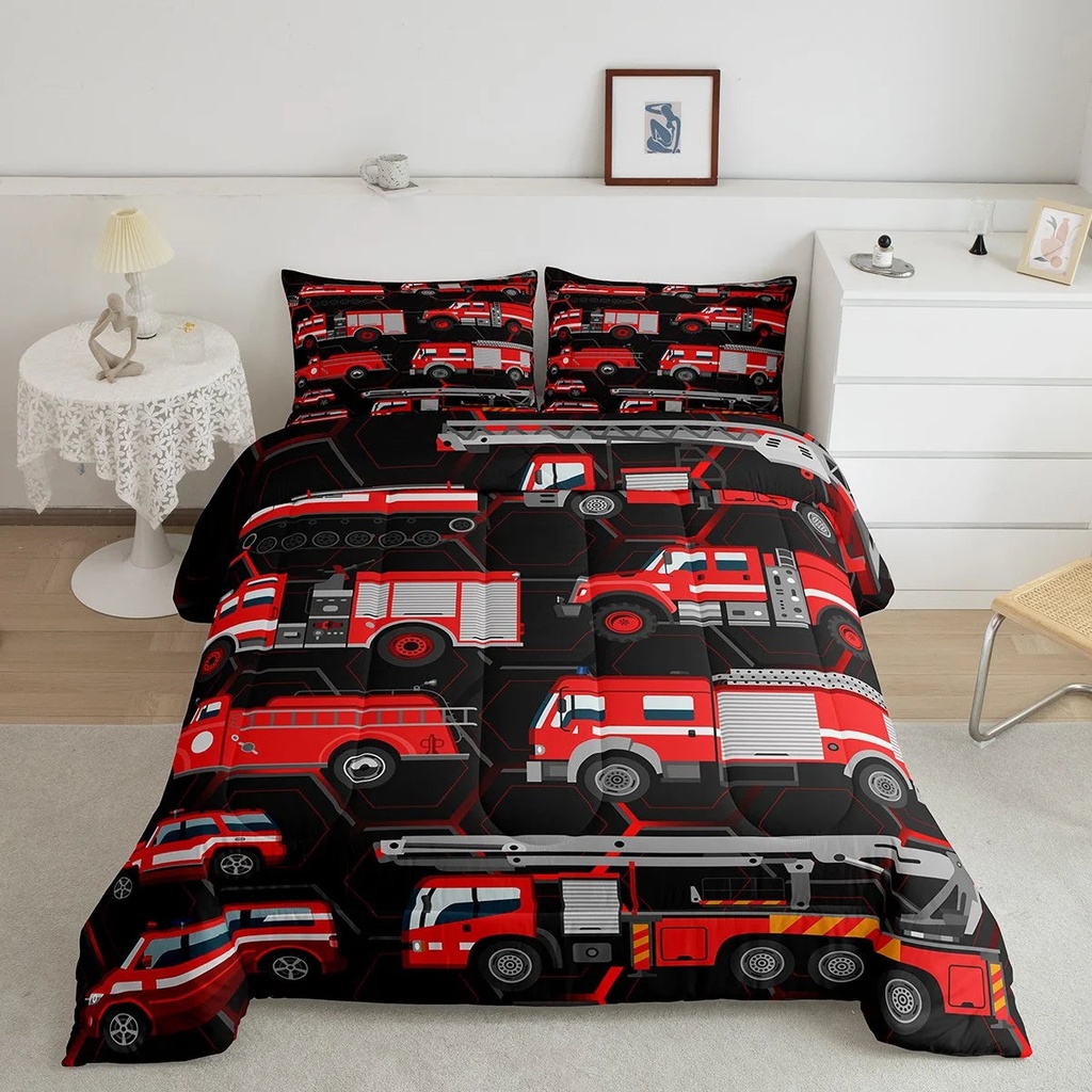 Fire Truck Twin Bedding Set for Kids Boys Red Construction Vehicles Comforter Set Toddlers Excavator Tractor Bedding Comforters & Sets Car Themed down Comforter Soft Microfiber Bed Sets 2Pcs, Black