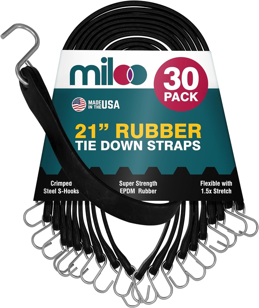 Miloo Rubber Bungee Cords with Hooks - Heavy Duty Tarp and Cargo Straps - Made in USA