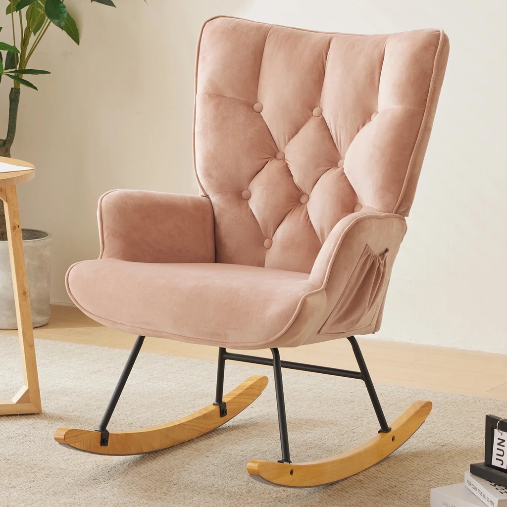 High Backrest Nursery Rocking Chair, Upholstered Glider Rocker with Side Storage Bags, Modern Accent Recliner Armchair for Living Room Bedroom, 330 LBS Weight Capacity, Pink