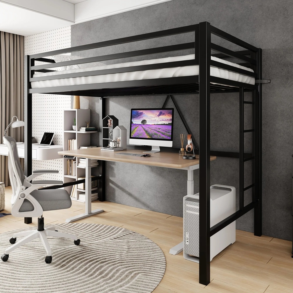 Amolife Twin Size Heavy Duty Metal Loft Bed with Removable Ladder & Full-Length Guardrail, Black
